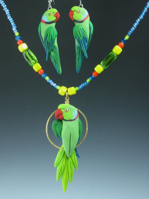 Indian Ringneck Charm Necklace and Bird Earrings